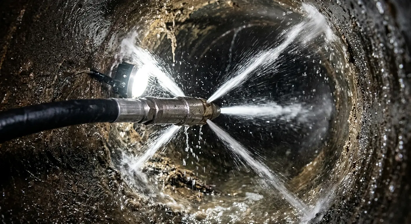 High-pressure hydro jetting nozzle cleaning sewer pipe for Emergency Drain Service in Hot Springs Village