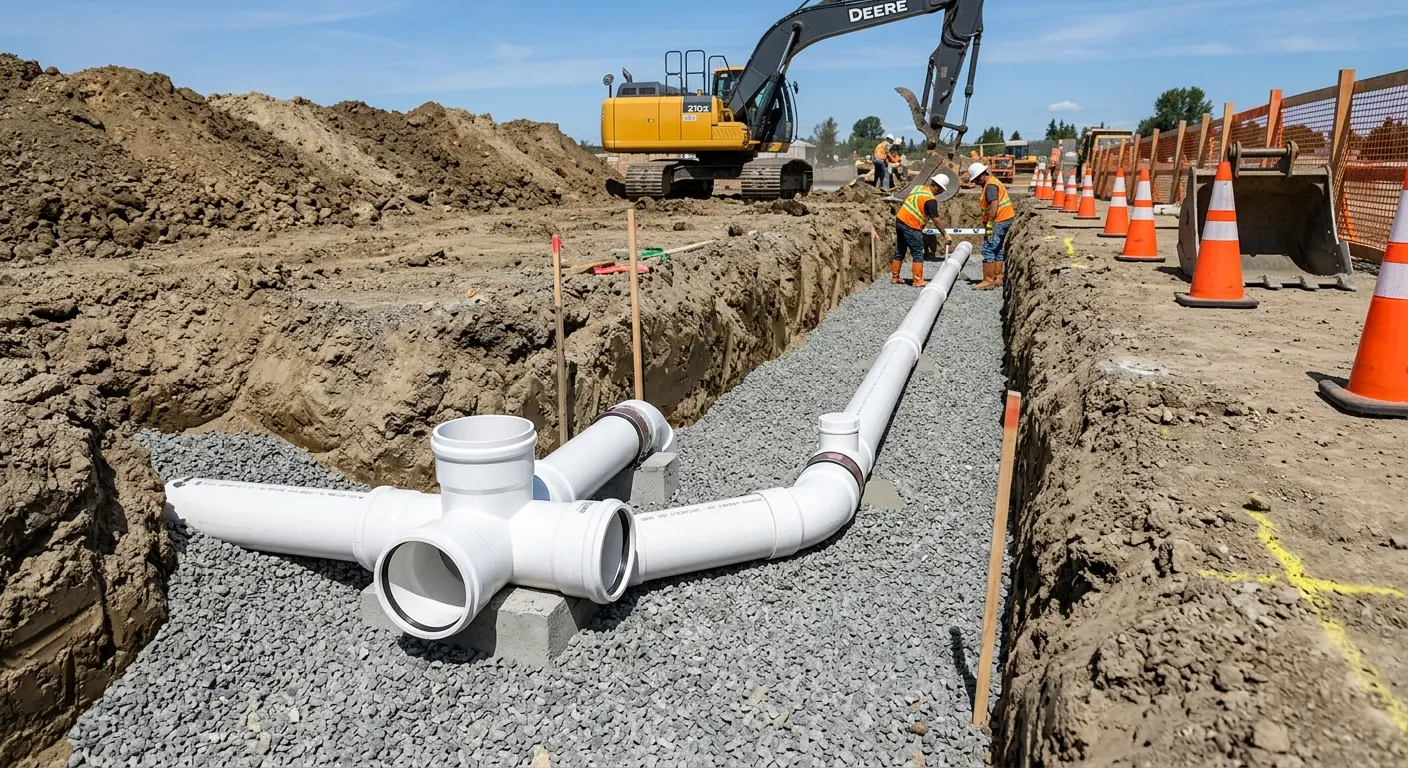 New PVC sewer pipe installation in open trench for Sewer Backup in Hot Springs Village