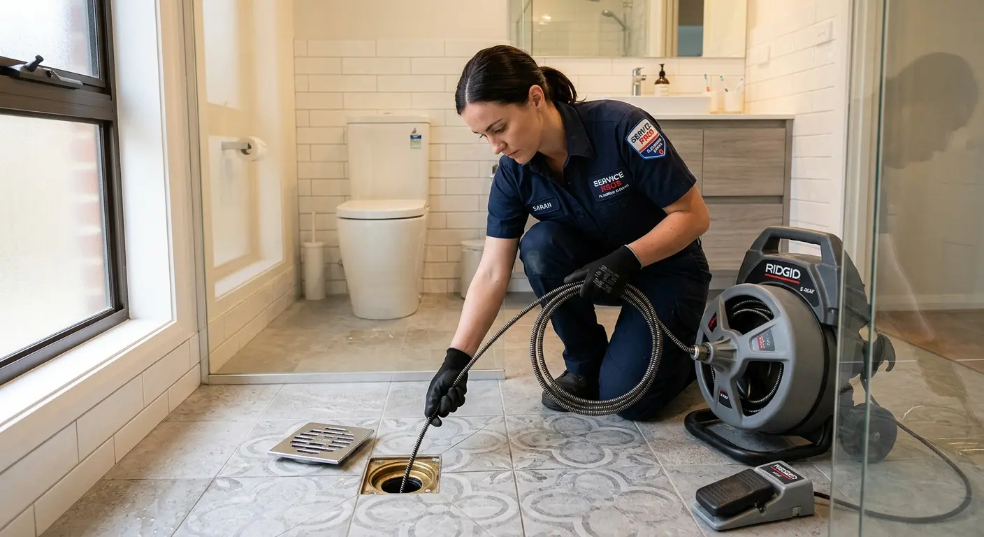 Technician clearing a bathroom floor drain for Sewer Line Replacement in Hot Springs Village